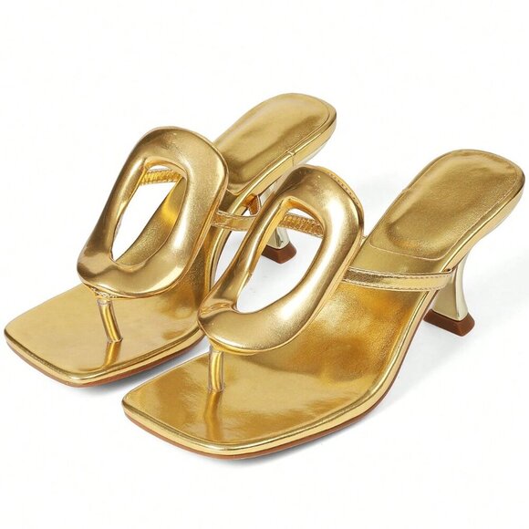 Shoes - Gold Elegant Women's Metallic Square Toe Kitten Sandal Heels